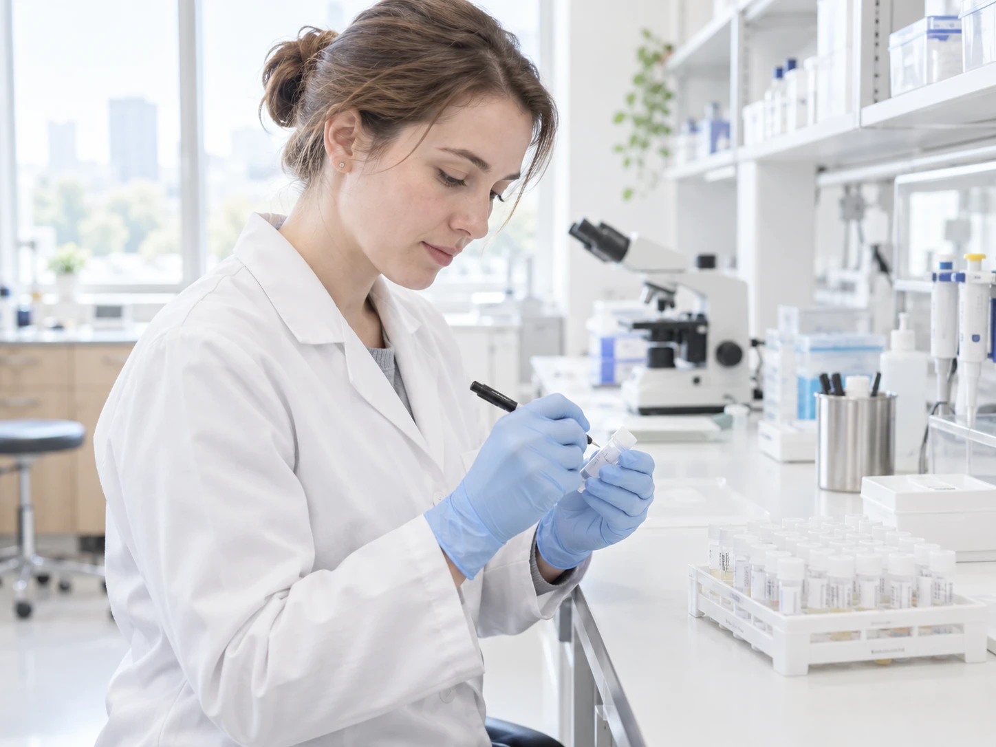 A laboratory technician in gloves labels a small sample tube at a bright bench, a rack of similar tubes beside her. Clean white laboratory, daylight.