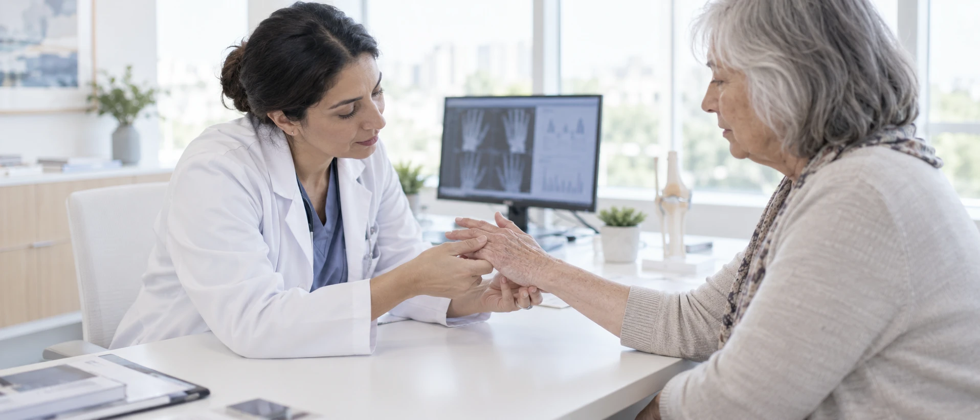 A rheumatology consultation: a physician gently examines the joints of a patient's hand on a white table; in soft focus behind, a monitor with an abstract panel of results.