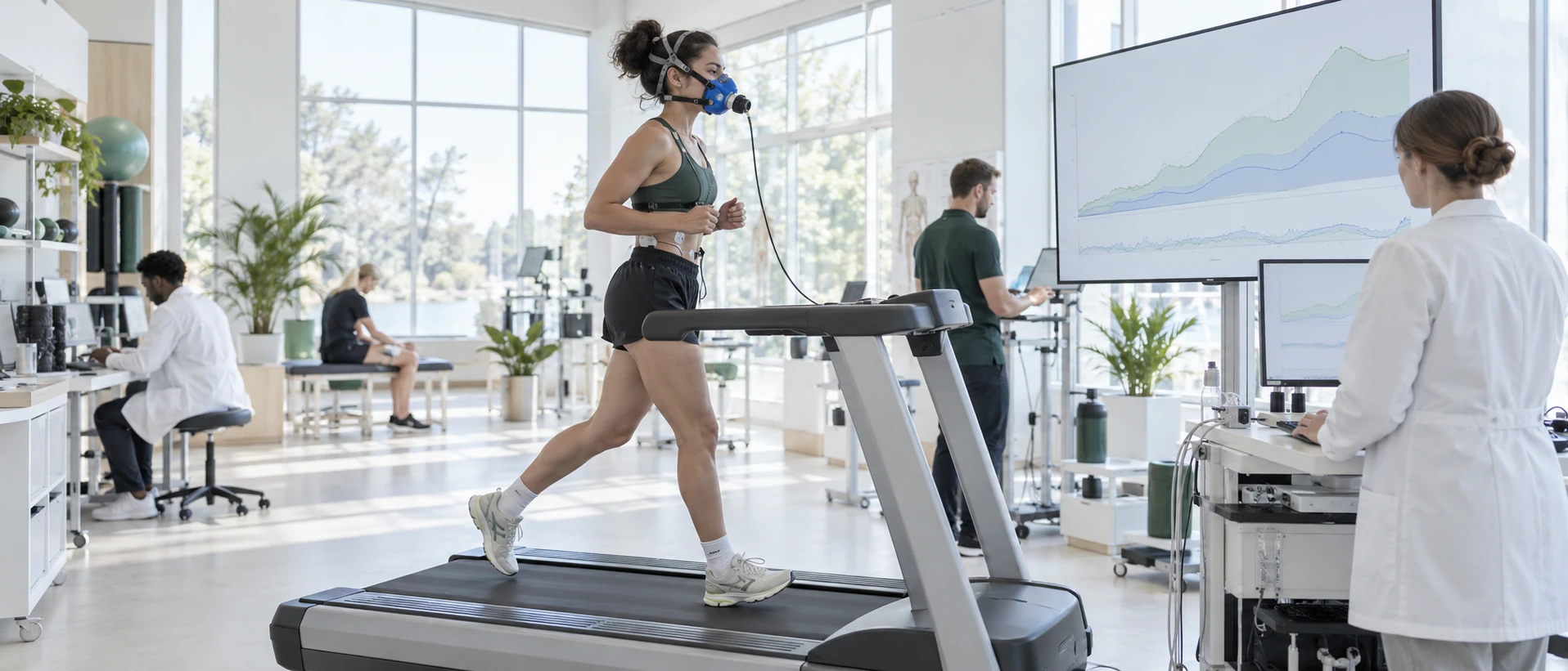 An athlete runs on a laboratory treadmill fitted with chest and leg sensors while a physiologist watches load curves on a screen beside it. Bright performance lab, white walls, daylight.