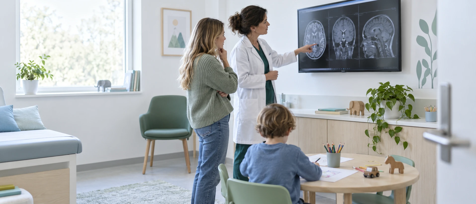 A paediatric neurologist and a parent look together at an MRI sequence shown as abstract grey slices on a wall monitor; at a small table beside them the child is drawing, seen from behind.