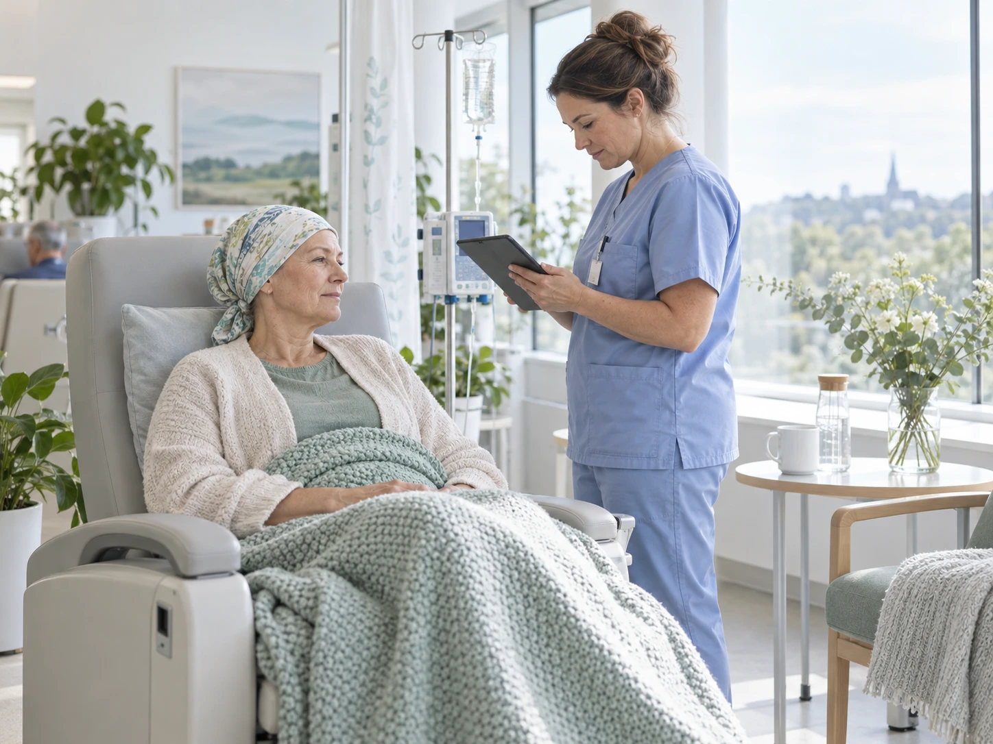 A bright day chemotherapy unit: a patient in a recliner with a blanket, an oncology nurse checking blood-count results on a tablet beside the chair. Large windows, plants, calm.