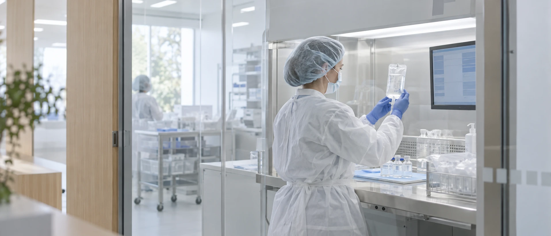 A hospital pharmacy clean room seen through glass: a clinical pharmacist in gown and gloves prepares an infusion bag while checking a dose against results on a side screen shown as abstract…