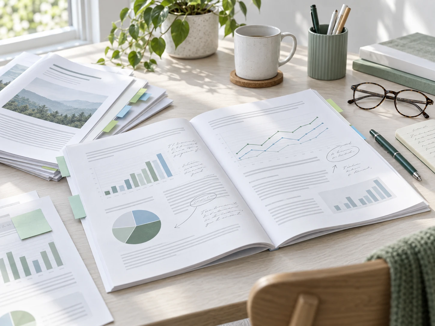 Printed whitepapers fanned out on a pale desk, several open, with pencil notes in the margins and coloured index tabs. A pen and reading glasses. Bright window light.
