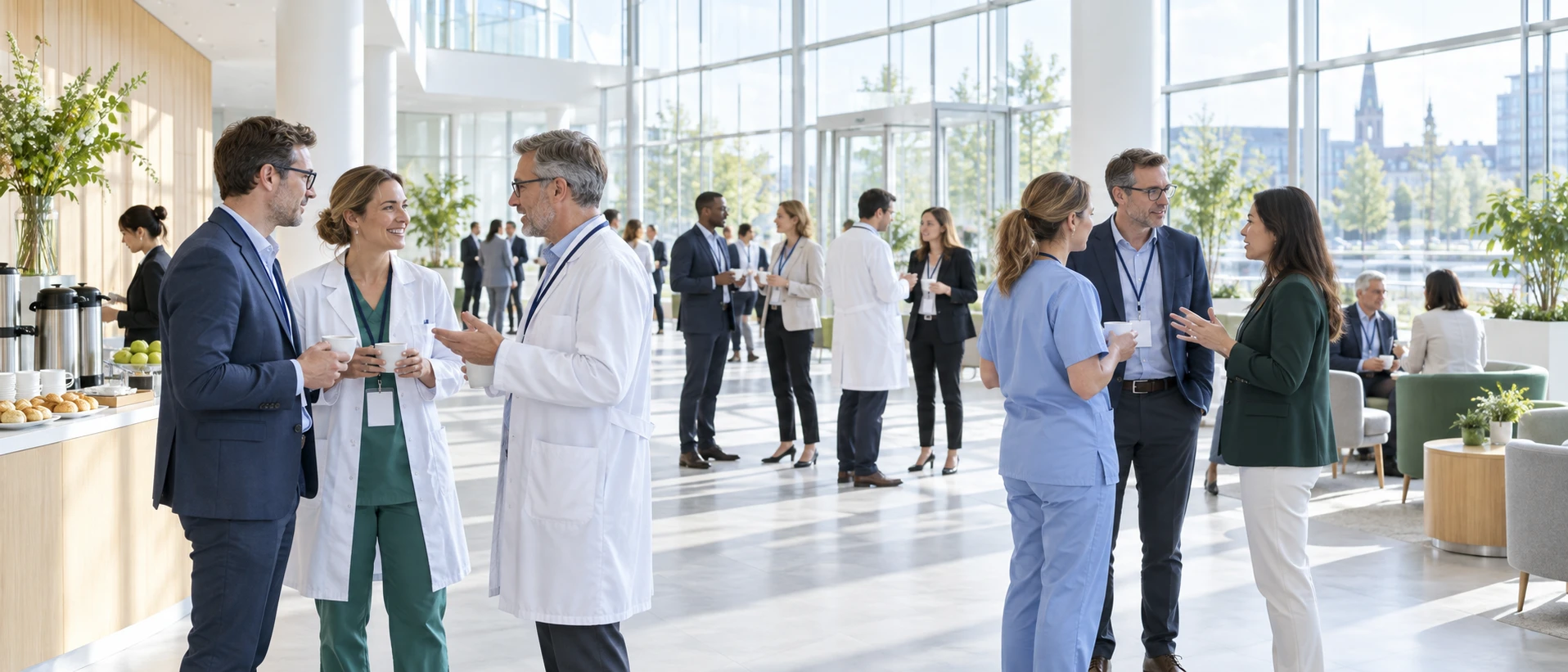 Specialists talking in the bright foyer of a medical congress during a break: small groups with coffee, lanyards without readable text, daylight through a glass facade. Ultra-wide, no…