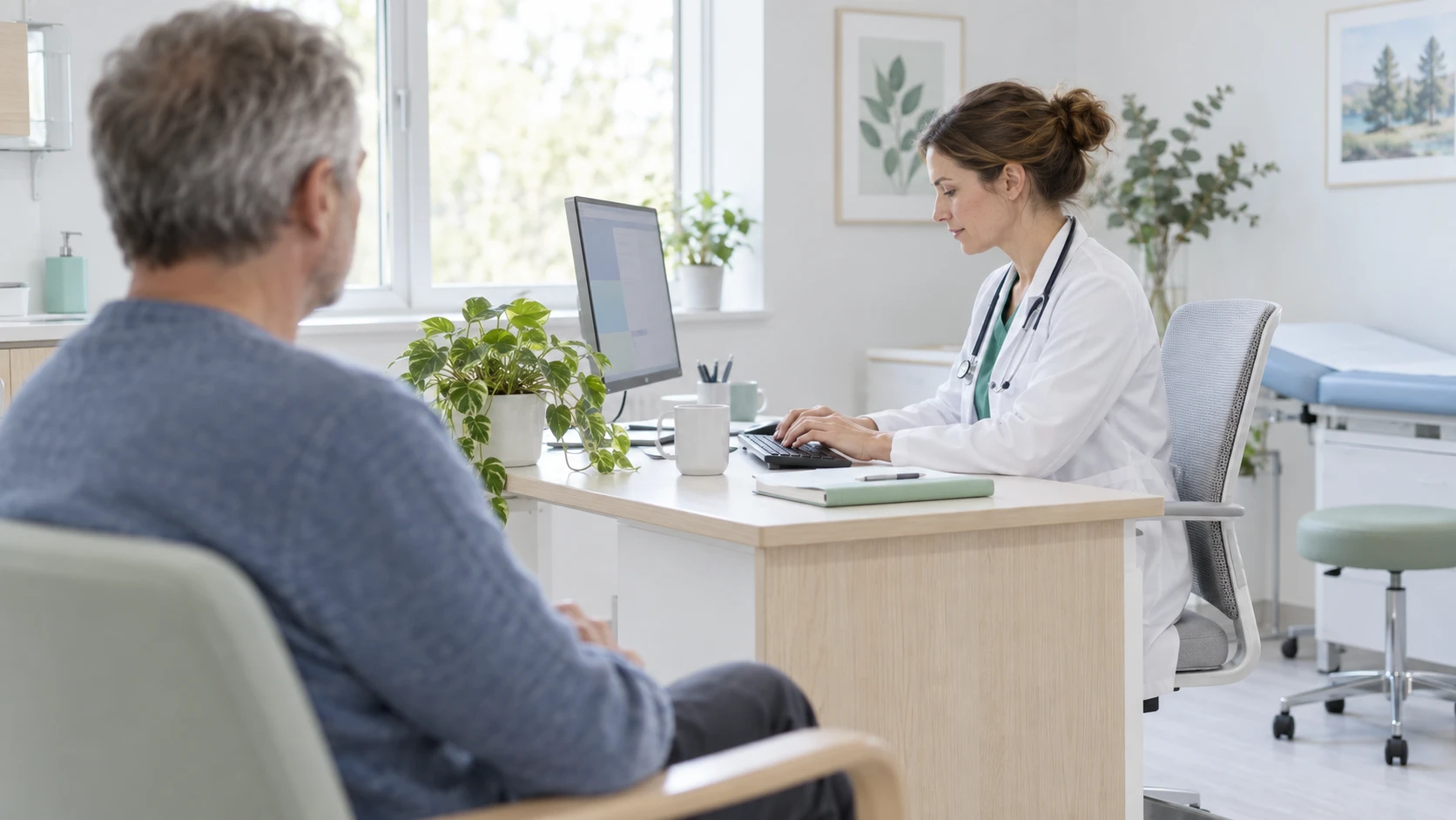 An ordinary visit as the source of a signal: a family physician types notes at a bright desk, the patient in soft focus in the foreground. Nothing dramatic: a normal day.