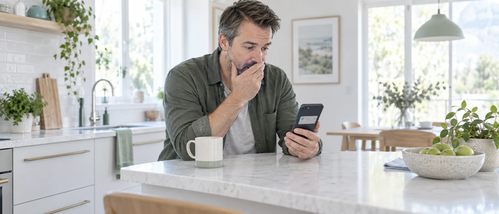 A man at his bright kitchen counter in the morning, coffee beside him, looks at his phone with quiet surprise: years after his case was closed, a new finding has arrived. The screen shows…