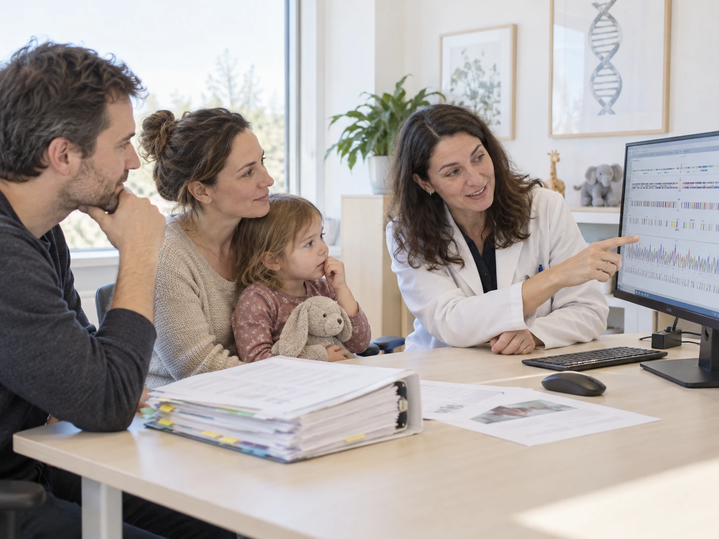 A family sits with a thick folder of a years-long diagnostic odyssey at a bright table; opposite them a clinical geneticist turns a monitor towards them showing abstract sequencing tracks.…