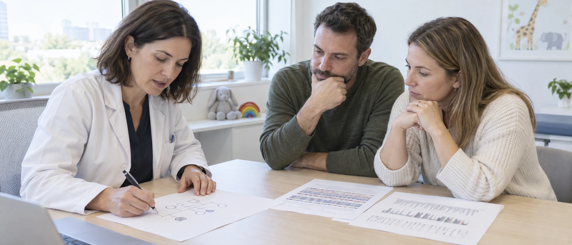 Wide view of a genetics consultation: a clinical geneticist draws a family pedigree by hand on paper with the parents watching; printed trio-sequencing results lie on the table. Bright…