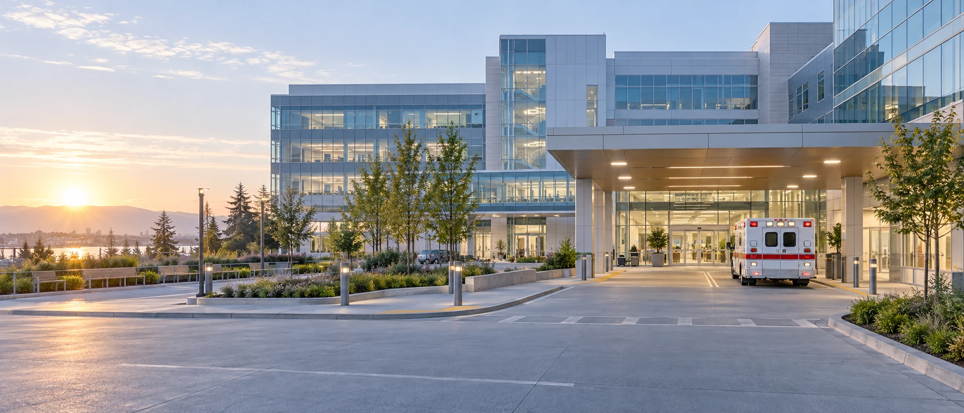 A modern teaching hospital from the outside at dawn: an ambulance stands quietly at the emergency entrance, pale sky, the building bright and calm. Ultra-wide, no drama.