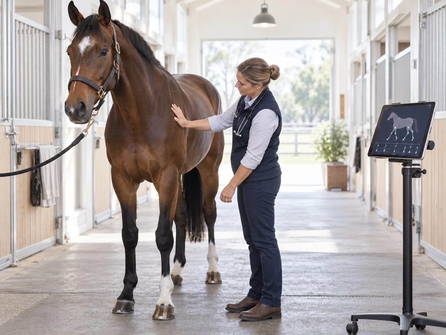 A veterinarian examines a sport horse in a bright stable aisle, one hand on the horse's shoulder; beside them on a stand a tablet shows an abstract gait-analysis layout.