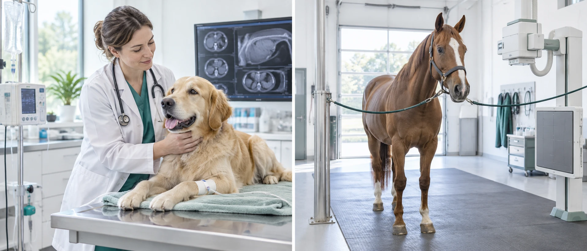 A diptych in one wide frame: on the left a veterinary oncologist with a calm dog on a treatment table in a bright clinic, on the right a horse standing in a clean diagnostic bay. A thin…