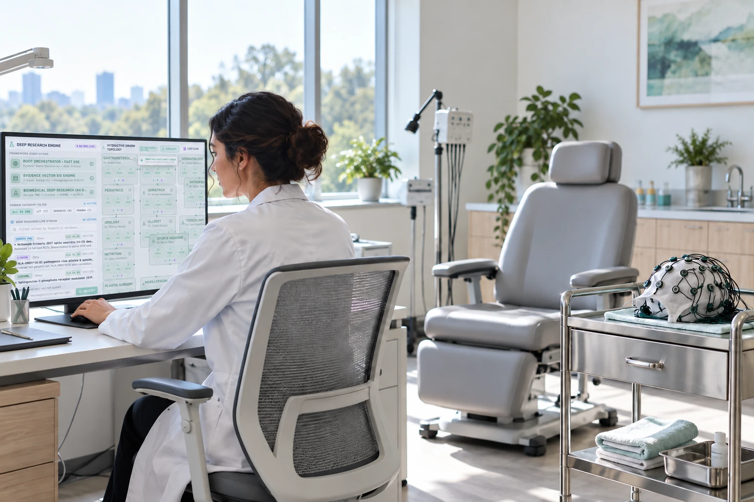 A clinician works at a DeepSensi workstation in a bright neurology clinic, an examination chair and an EEG cap on a trolley beside her.