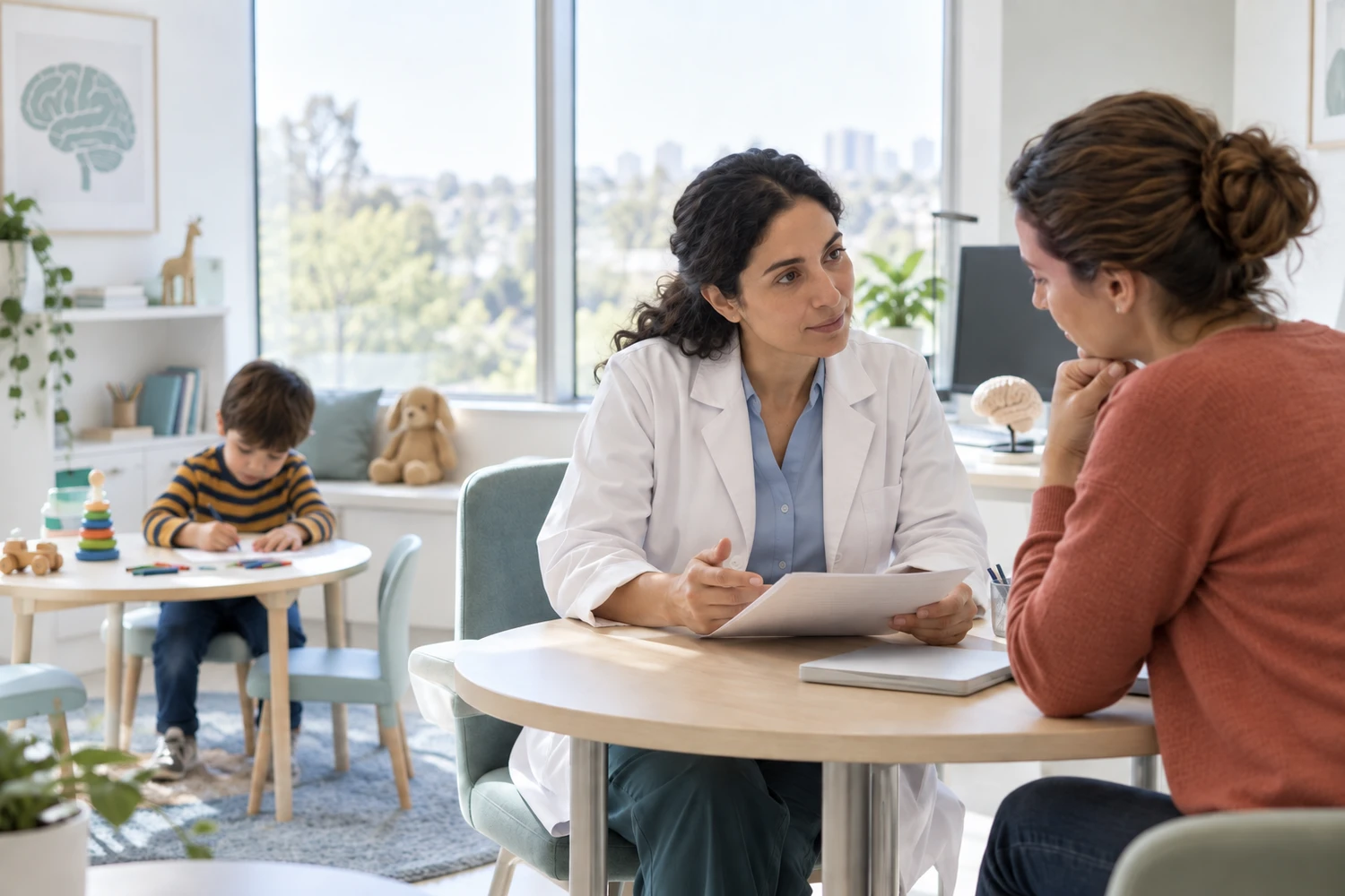A physician talks with a mother at a round table while her young son draws at a small desk nearby.