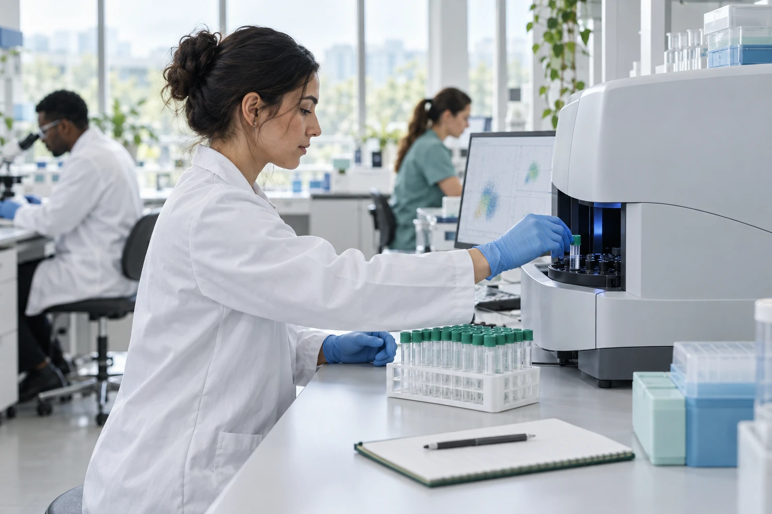 A laboratory scientist loads samples into an immunology analyzer while colleagues work at the benches behind her.