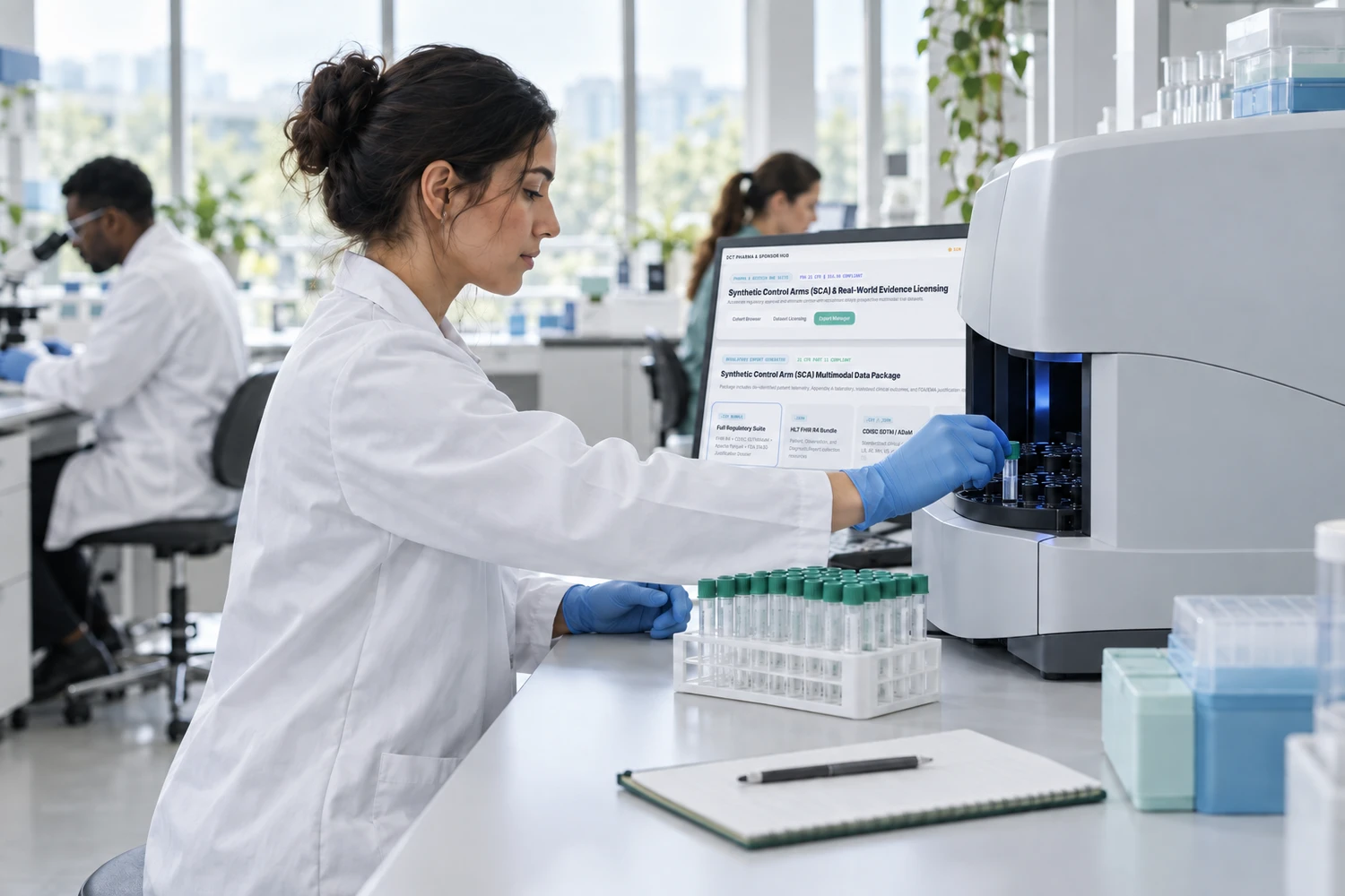 A laboratory scientist loads sample tubes into an analyzer, a synthetic control arm dashboard on the screen behind her.