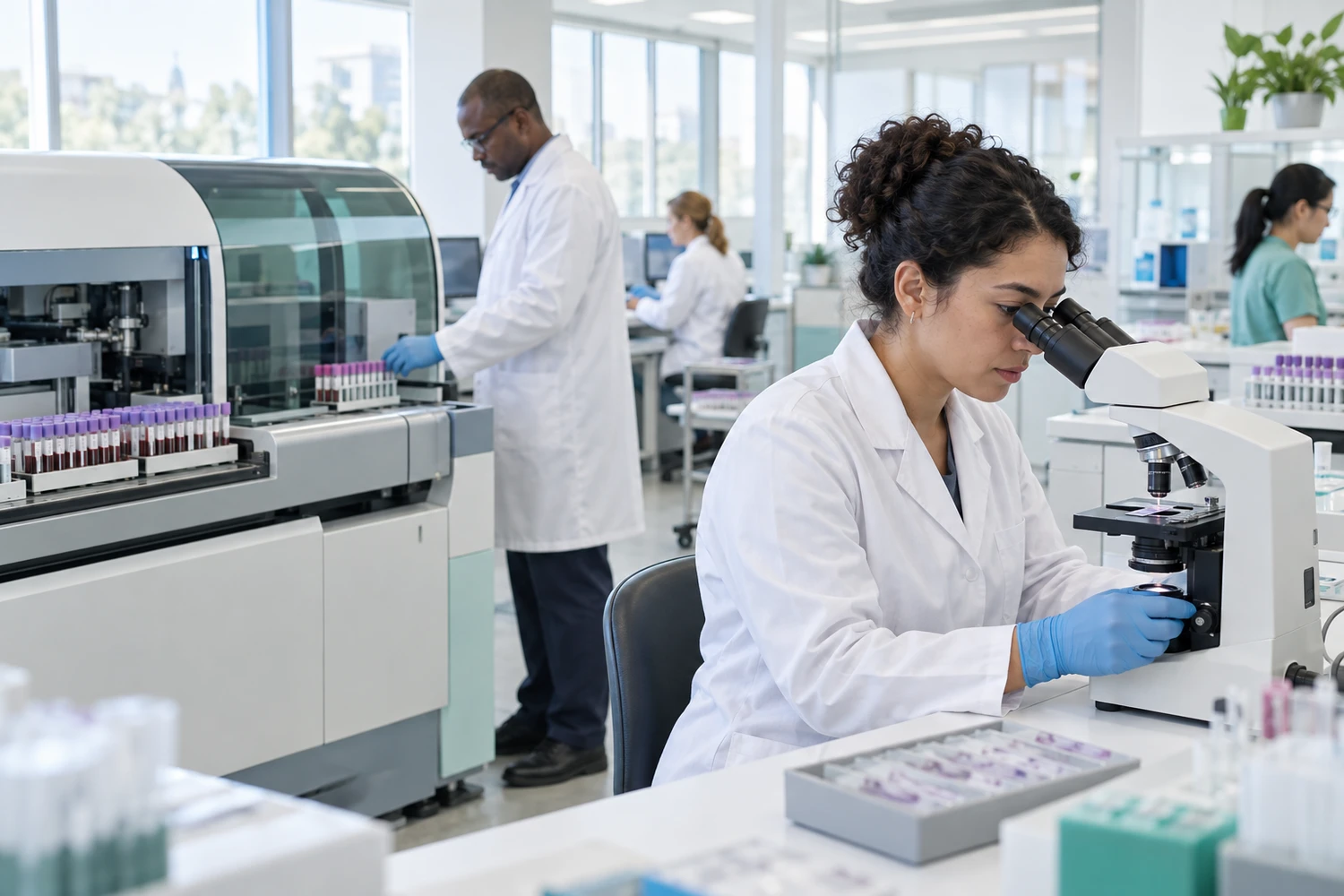 A clinical laboratory: a scientist at a microscope, an automated analyzer and colleagues at work.