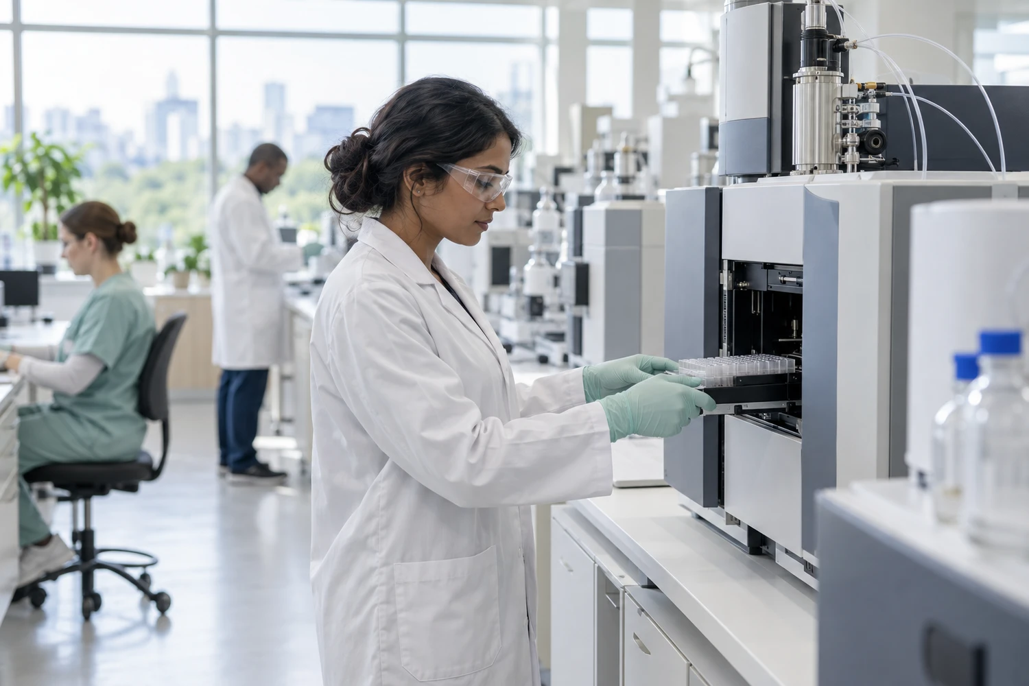 A laboratory scientist loads a sample tray into a mass spectrometer in a daylit metabolic laboratory.