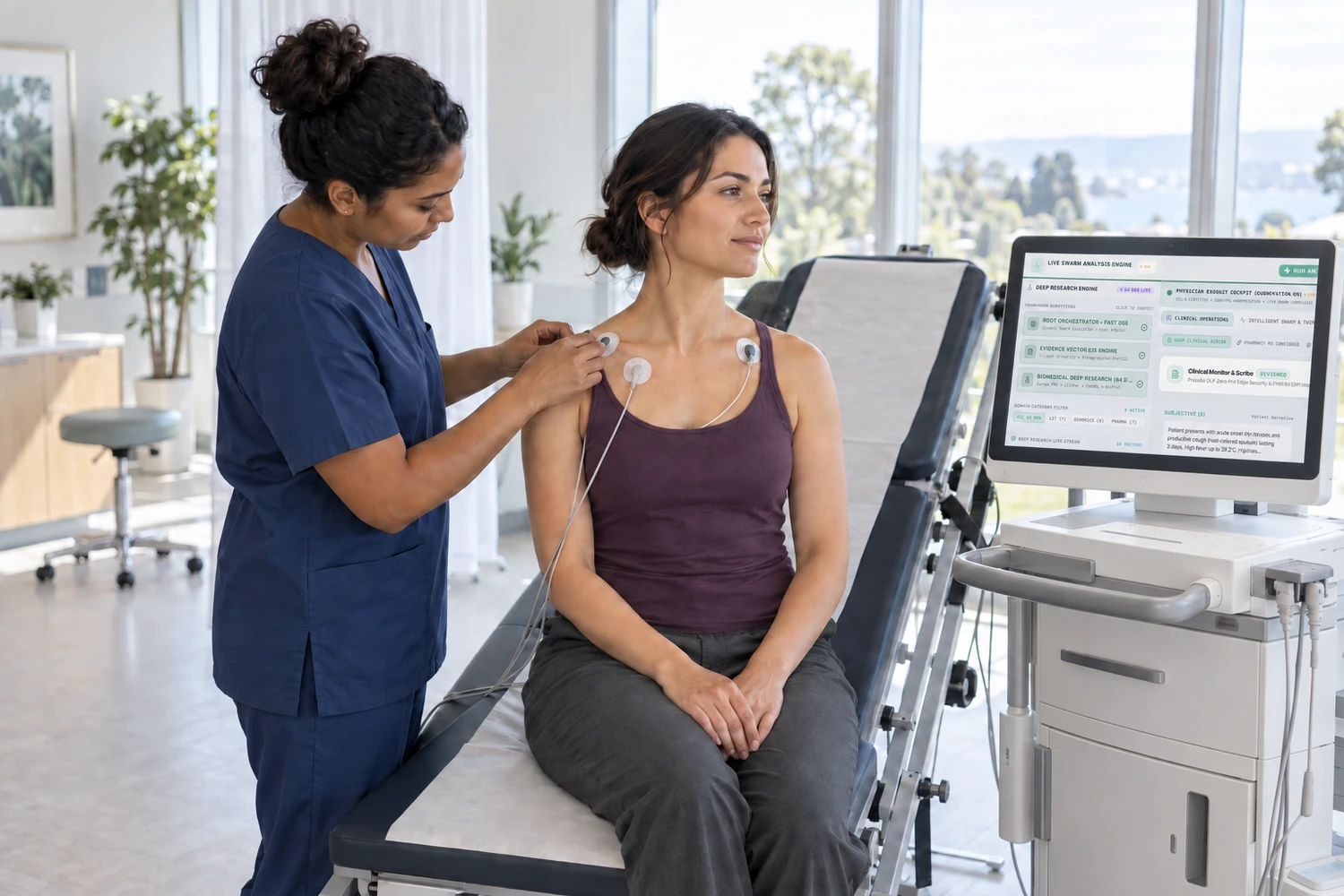 A nurse places ECG electrodes on a seated patient in a bright cardiology room, the DeepSensi interface on the screen beside them.