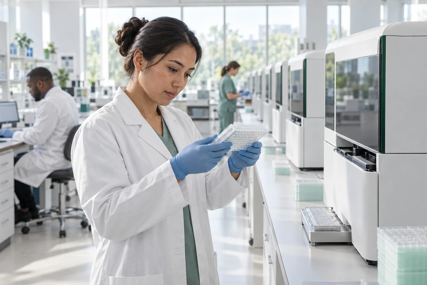 A laboratory scientist checks a sample plate beside a row of sequencing instruments.
