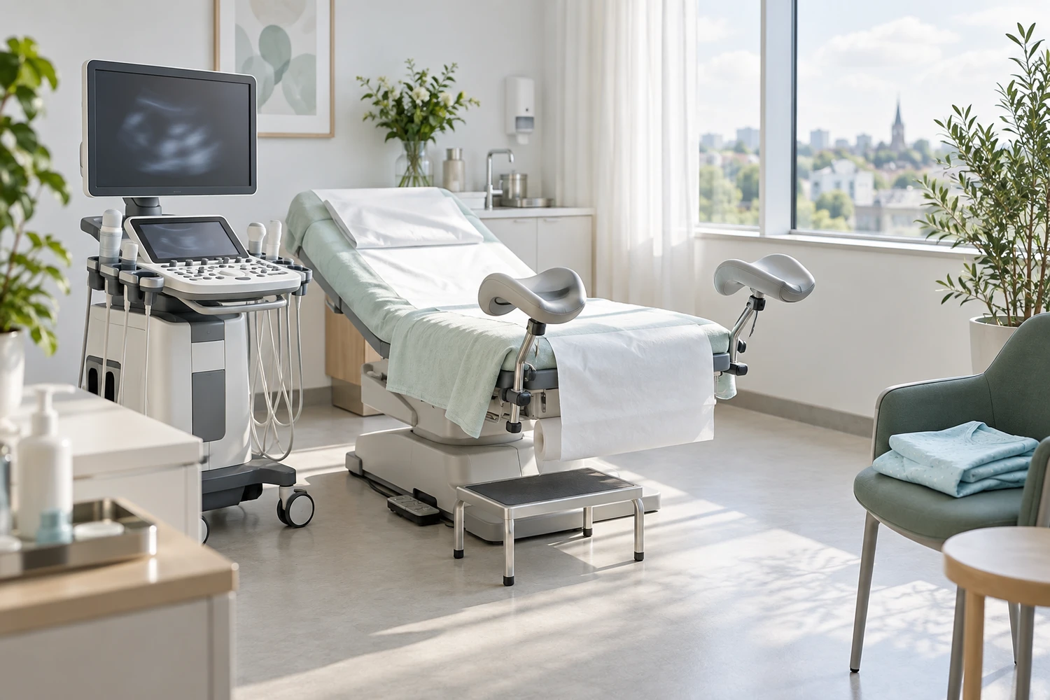 A calm gynecology examination room with an ultrasound unit, daylight and plants.