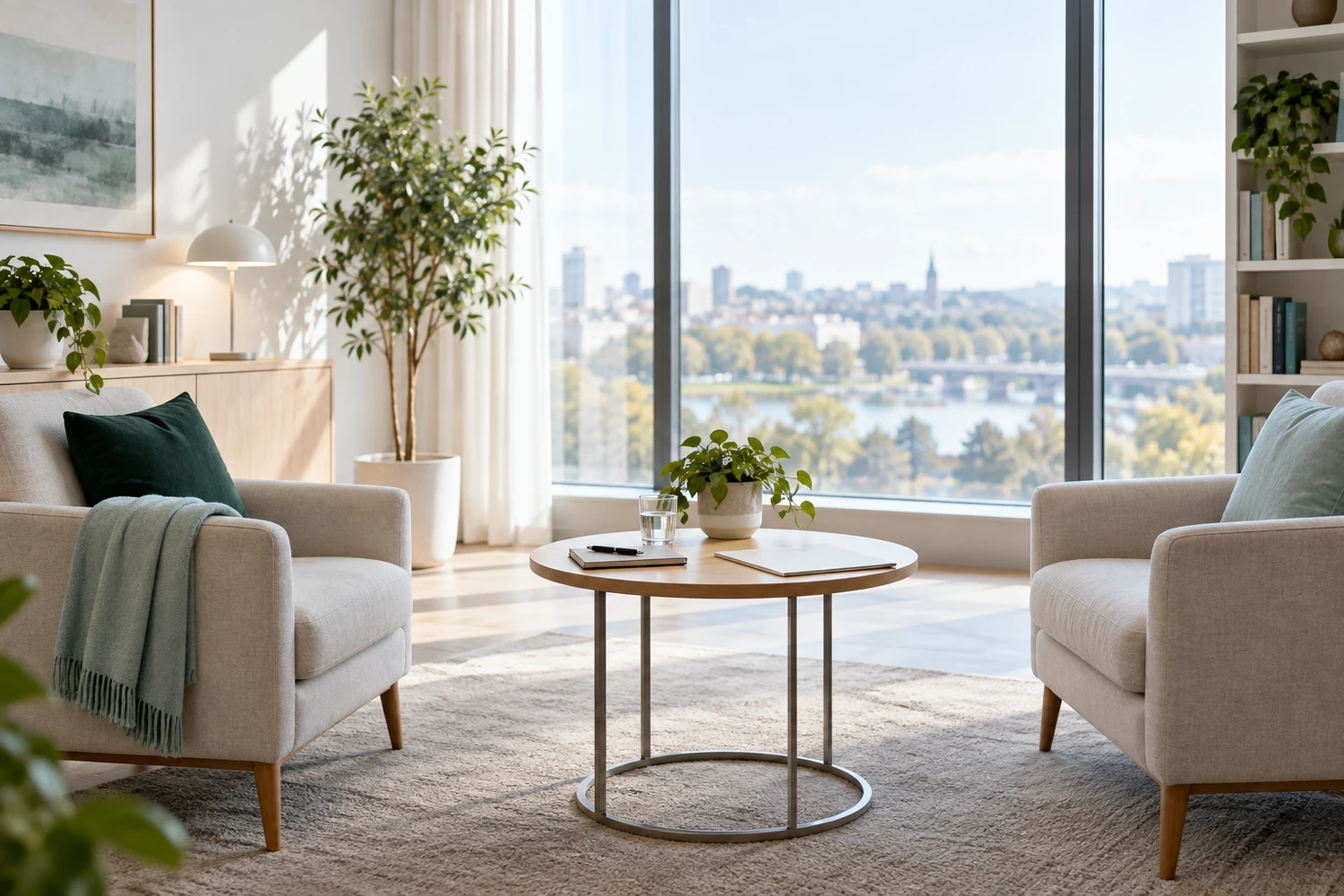 A quiet consultation room with two armchairs, a low table and a view over the city.