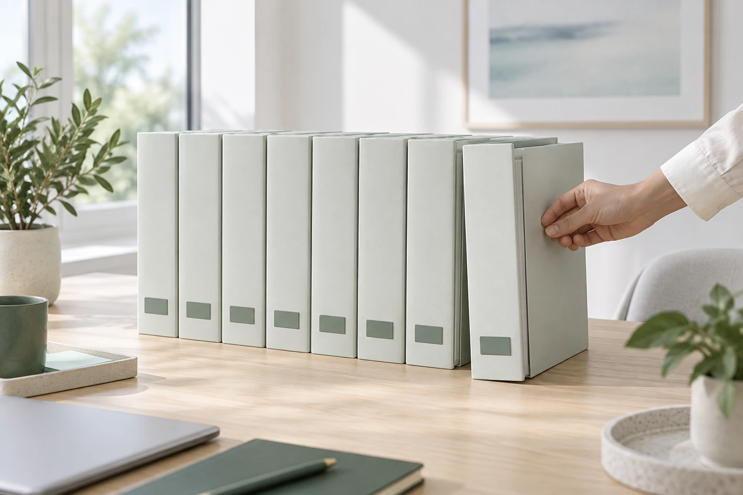 Nine pale folders stand in a row on a desk; a hand draws one of them out.