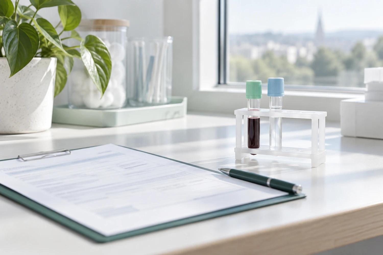 A physician's referral on a clipboard and two capped sample tubes in a rack by a bright window.