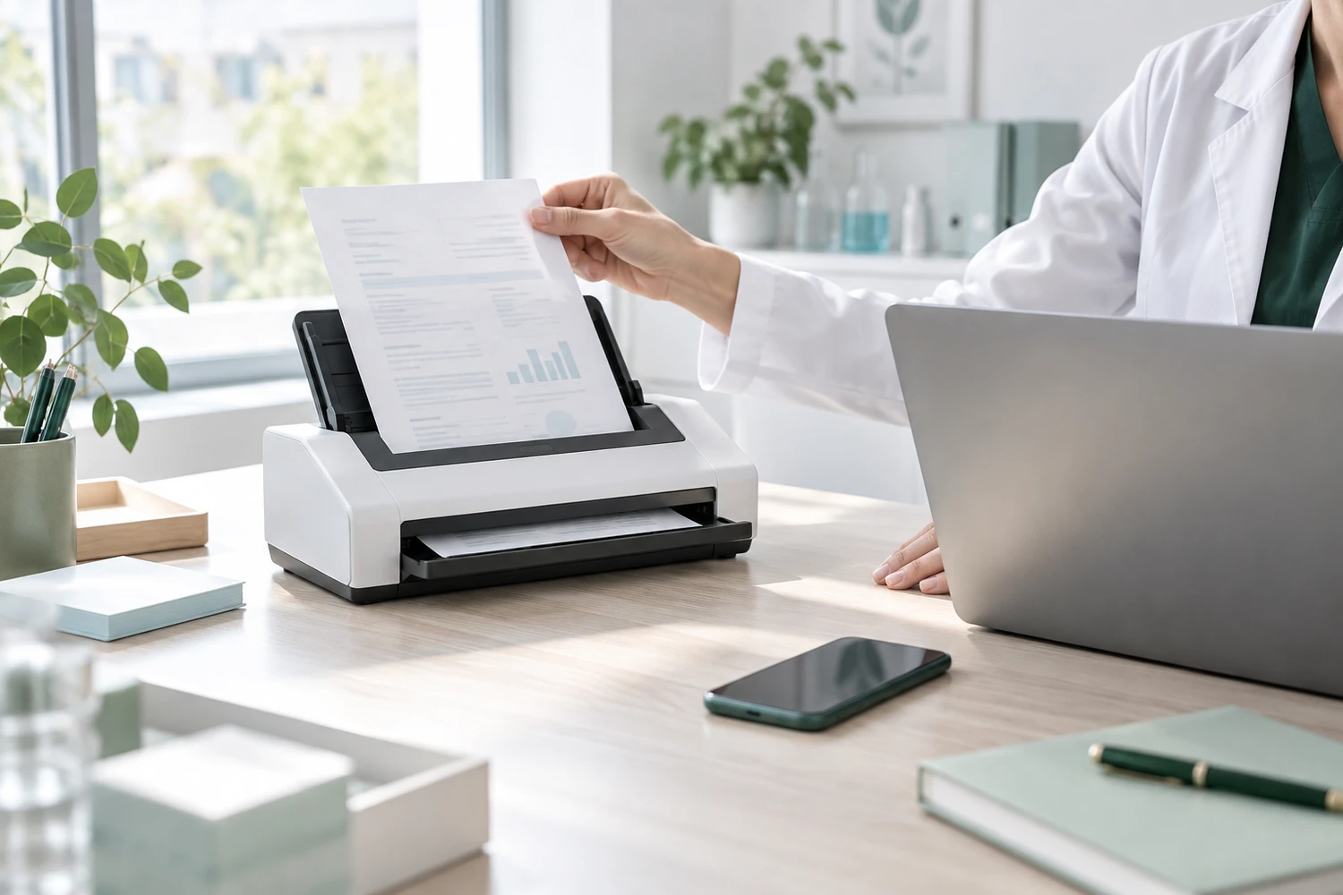 A document goes into a small desktop scanner beside a laptop and a phone.