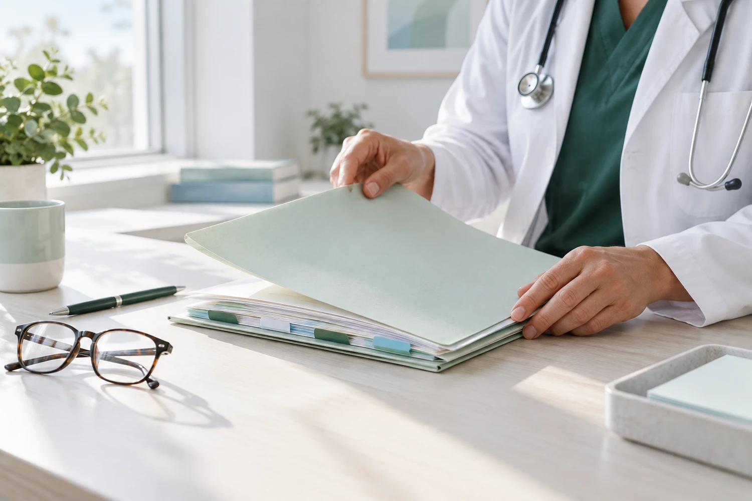 A physician opens an organized folder of records at her desk.