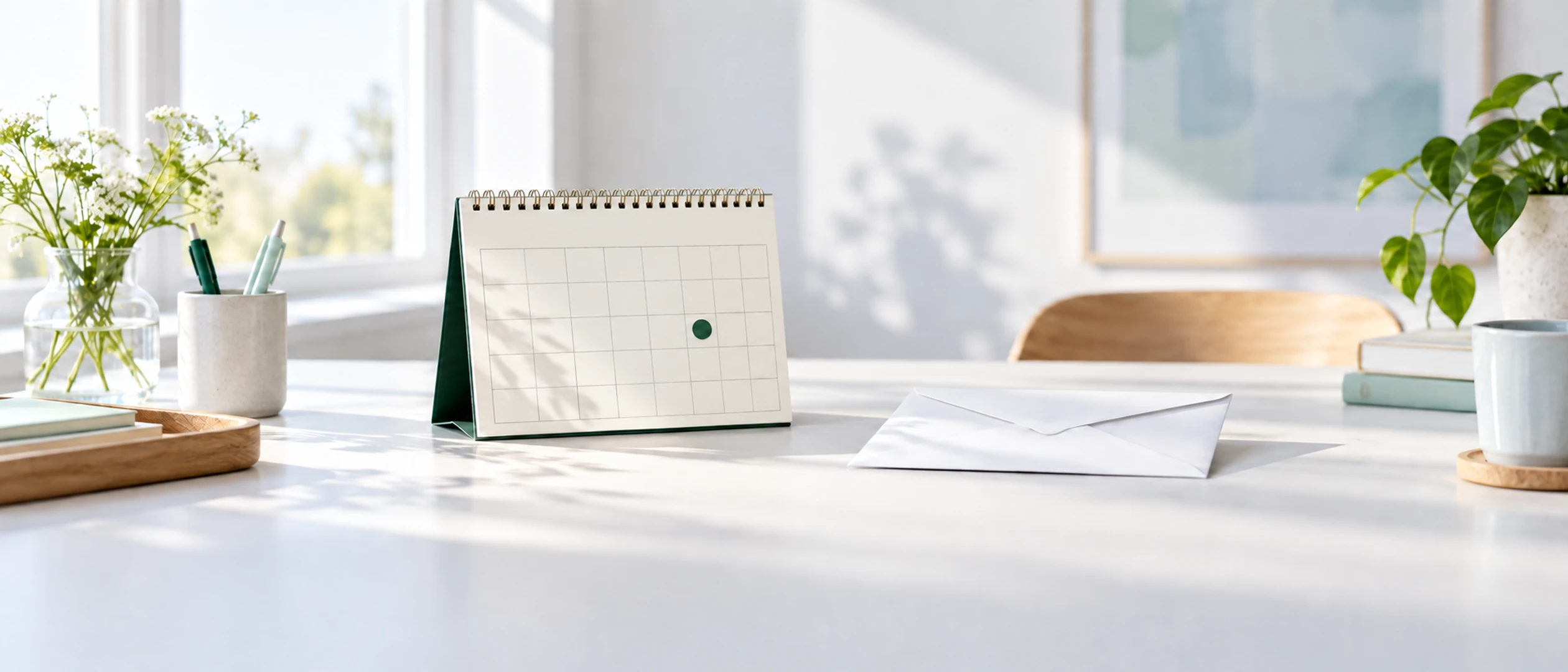 A desk calendar with one day marked in green and an envelope beside it on a bright table.