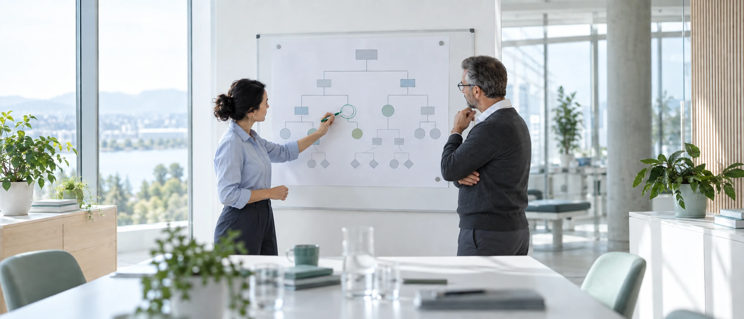 Two engineers review a fault tree drawn on a whiteboard in a bright office.