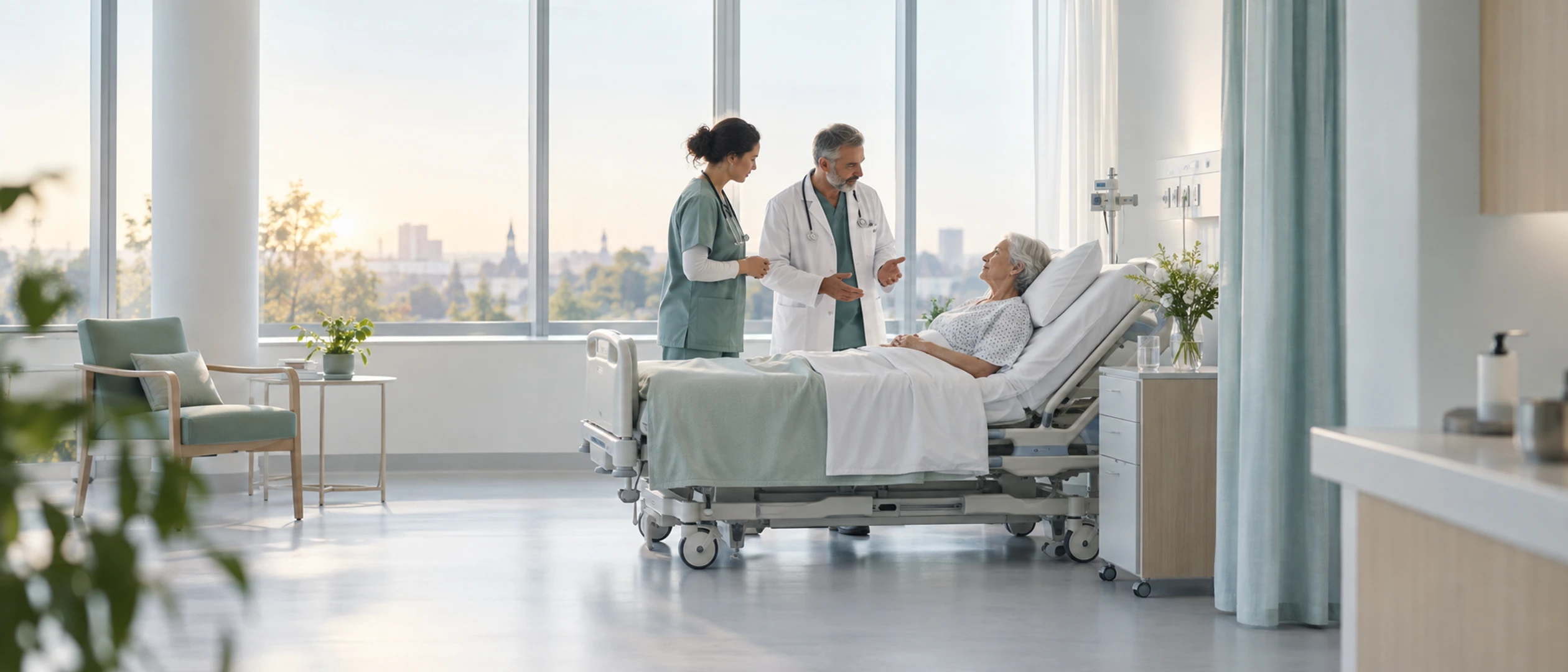 A hospital ward at dawn: a nurse and a physician at a patient's bedside.