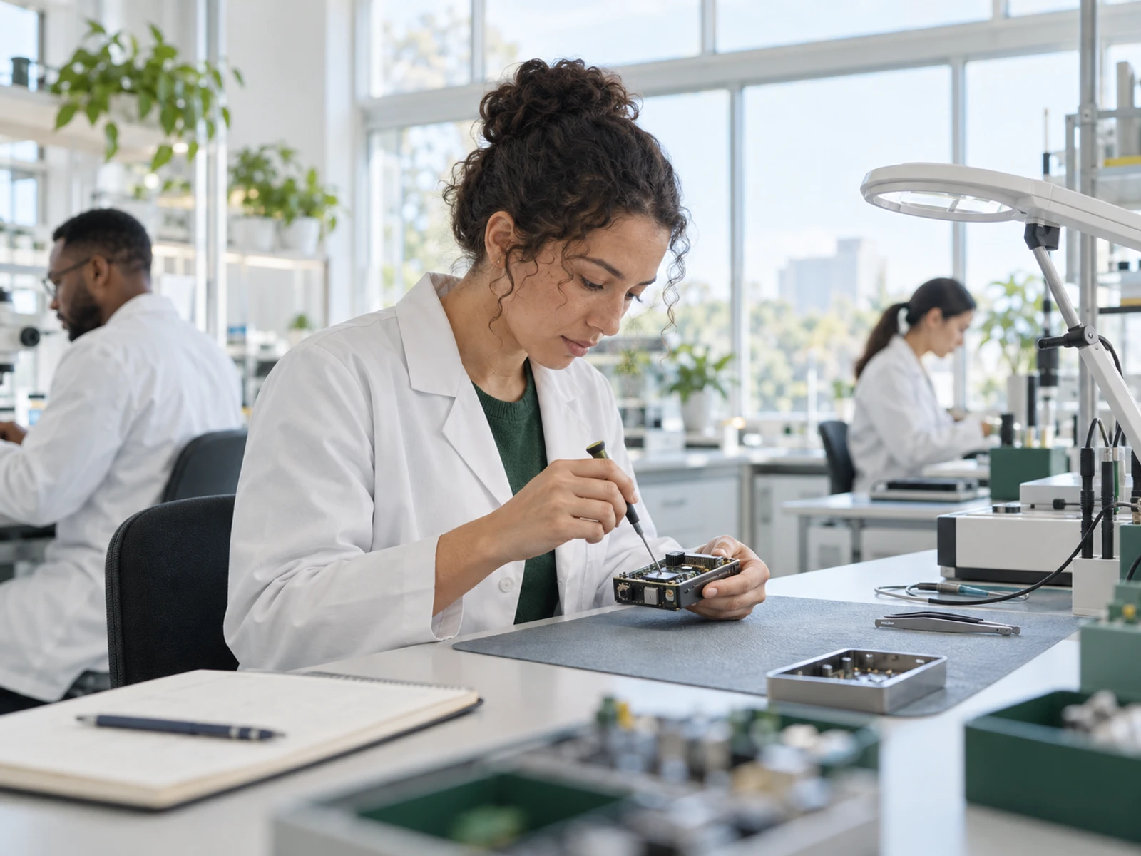 An engineer works on a small circuit board at an electronics bench in a bright laboratory.