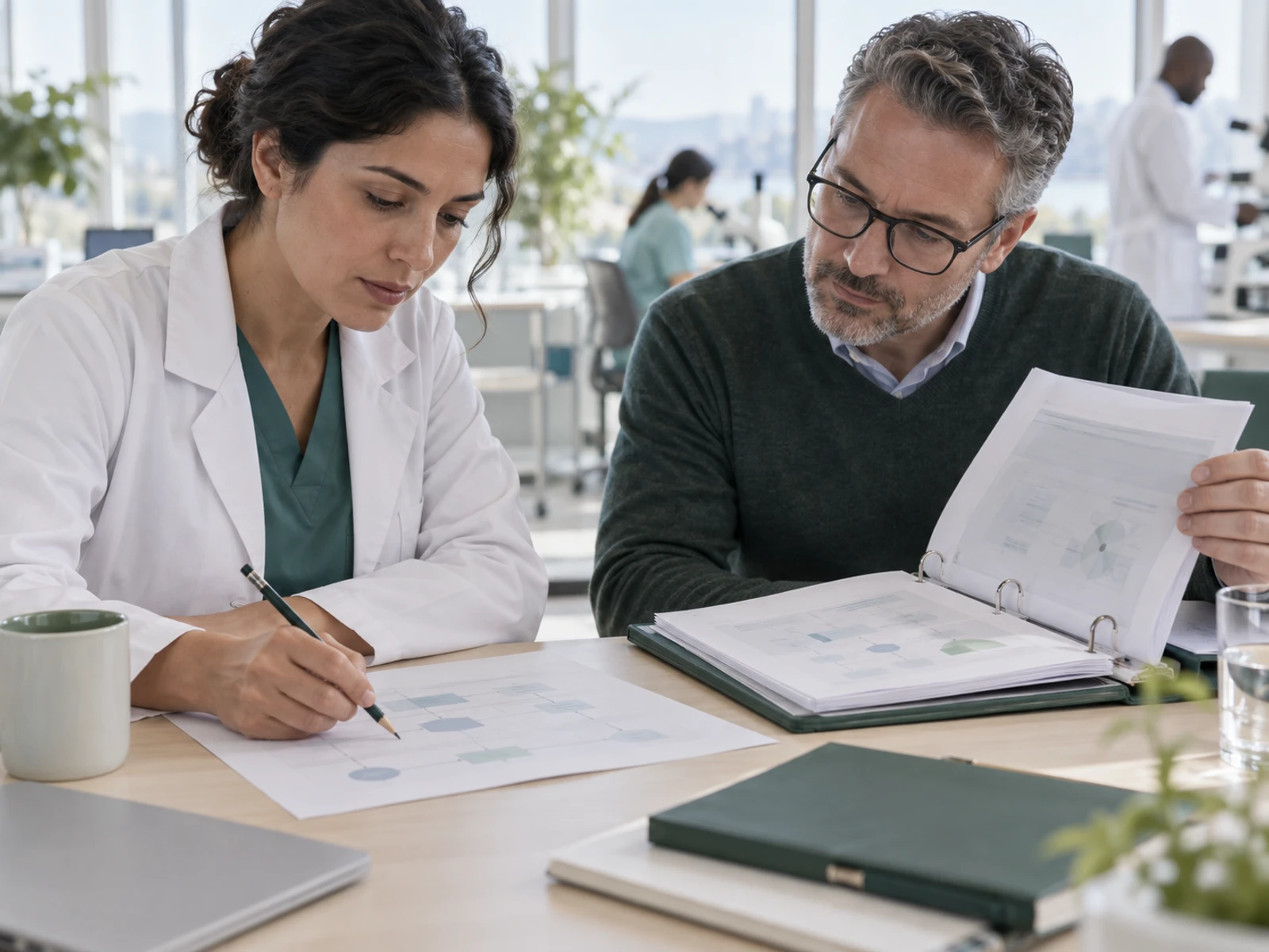 A clinician and a colleague go through printed analyses in a ring binder at a laboratory desk.