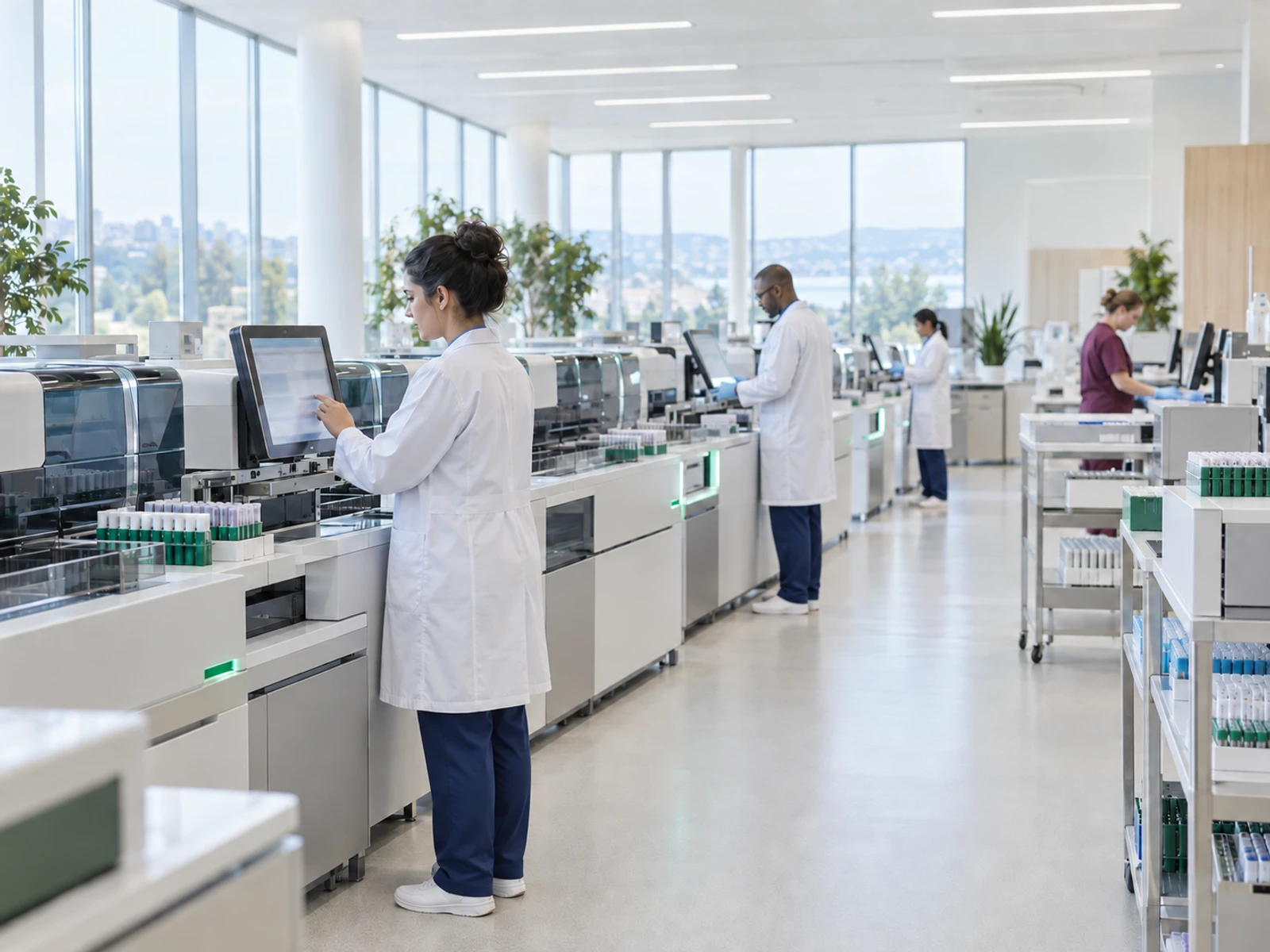 A bright hematology laboratory: automated analyzers along the benches and a technologist at a touchscreen.
