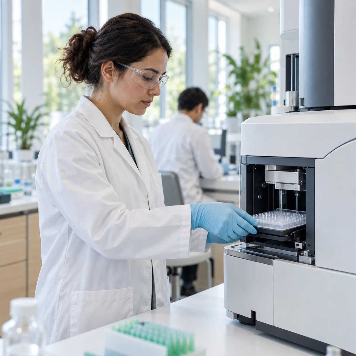 A laboratory scientist loads a sample plate into a mass spectrometer.