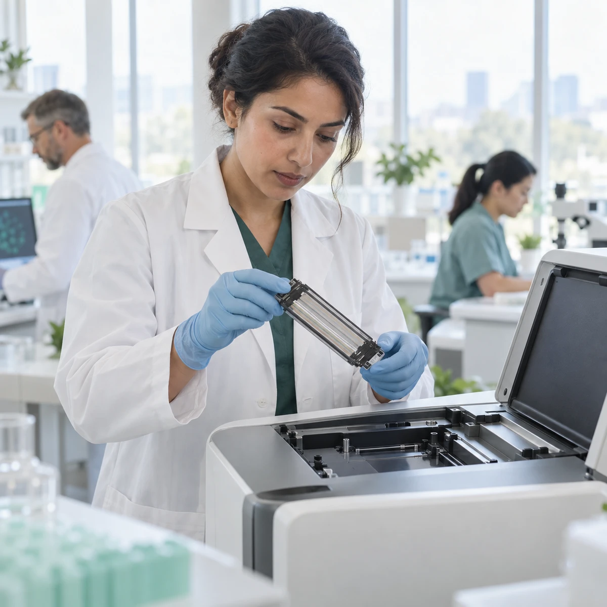 A laboratory scientist places a flow cell into a sequencing instrument.