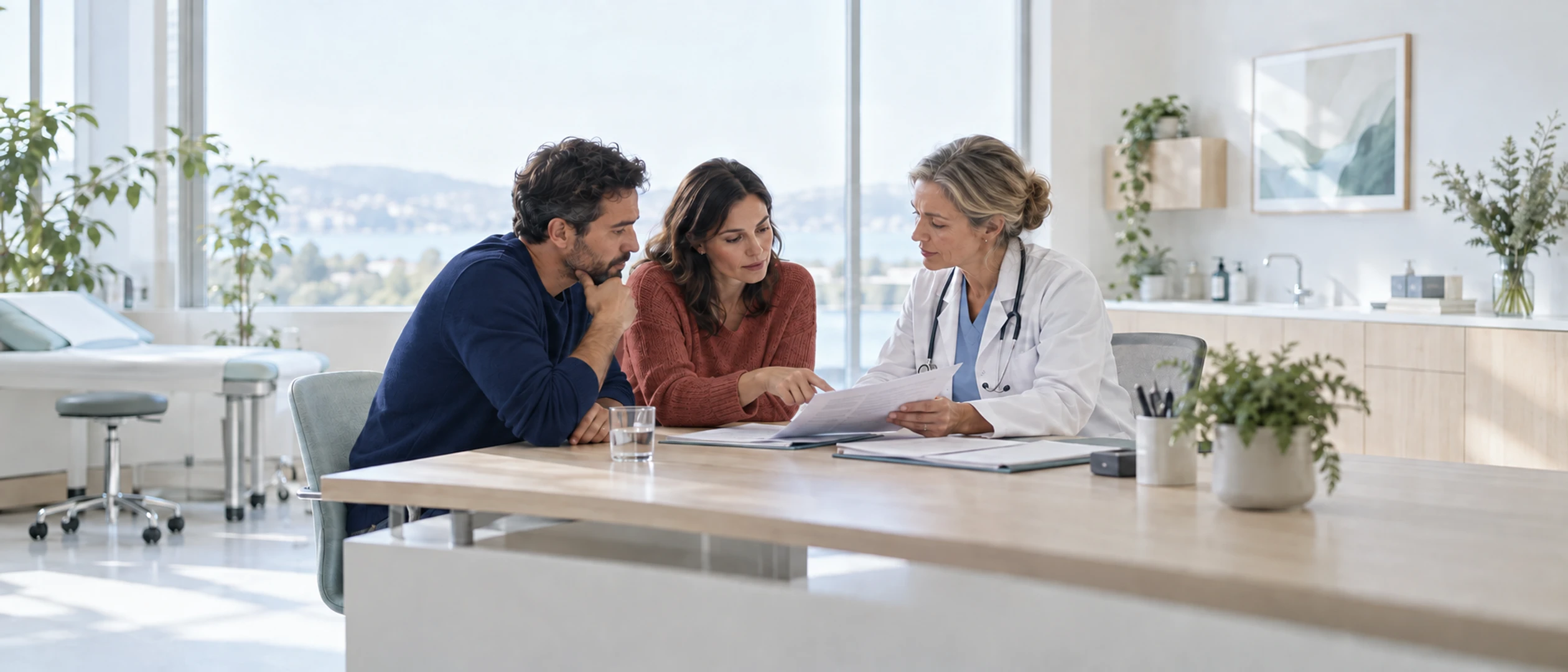A physician goes through a folder of results with two parents at a consultation table.