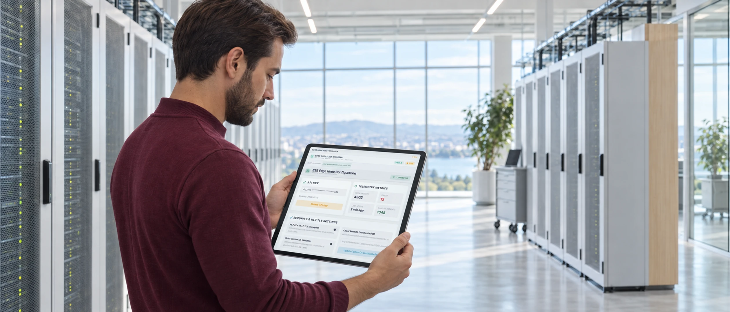 An engineer checks an Edge Node configuration on a tablet in a bright data center hall.