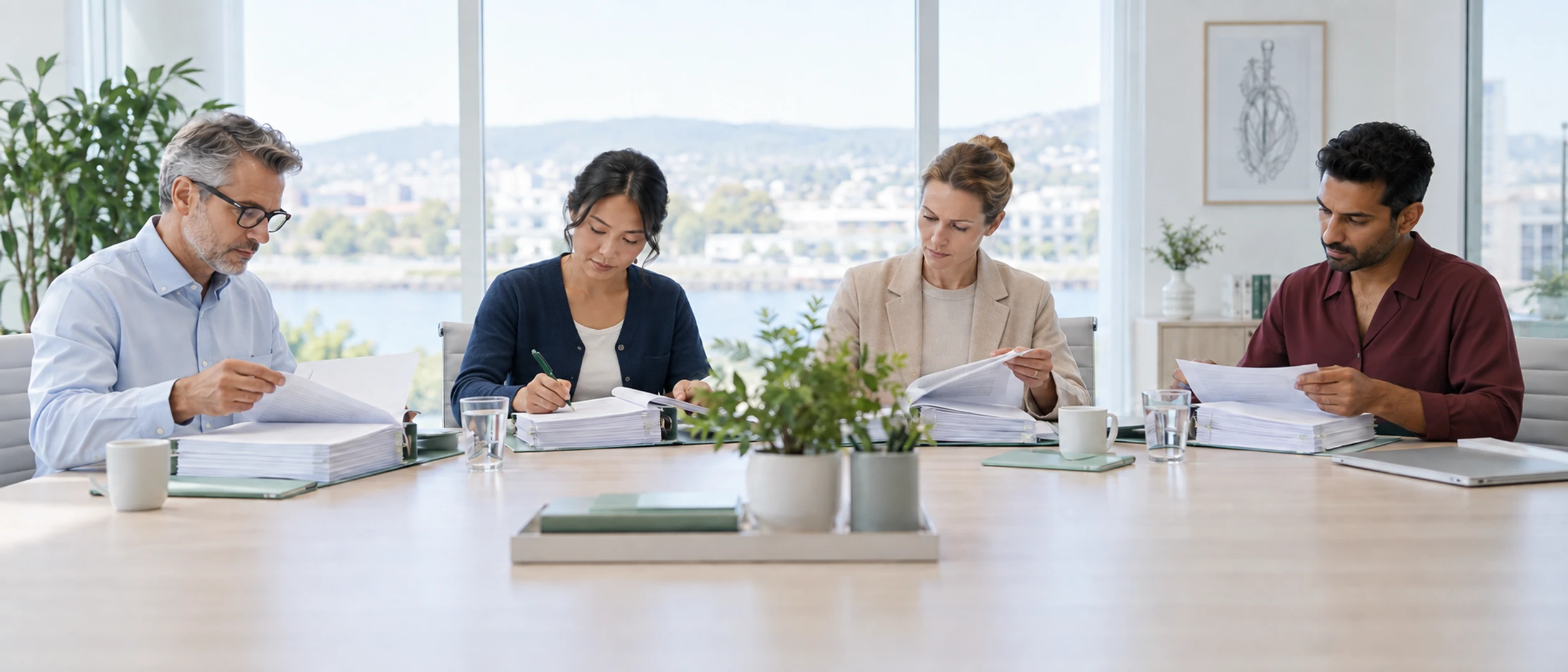 Four people read printed documents around a meeting table.