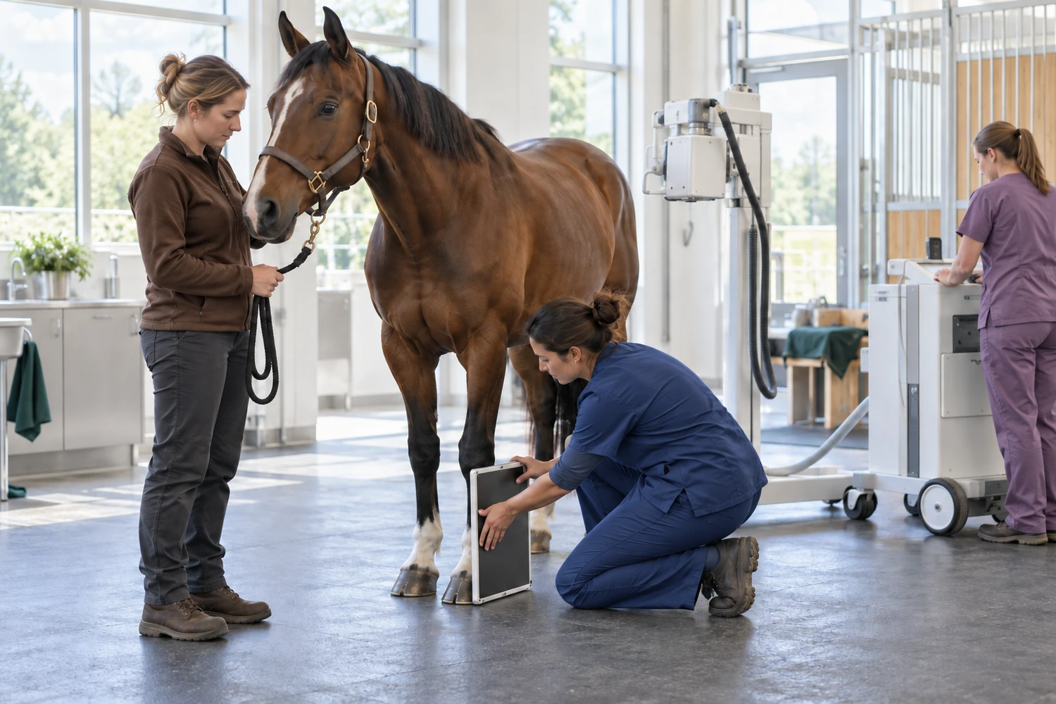 A veterinary team takes a radiograph of a horse's leg in a bright equine clinic.