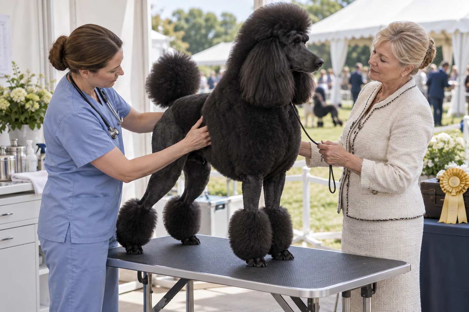 A veterinarian examines a black standard poodle on a table at a dog show, its handler beside it.