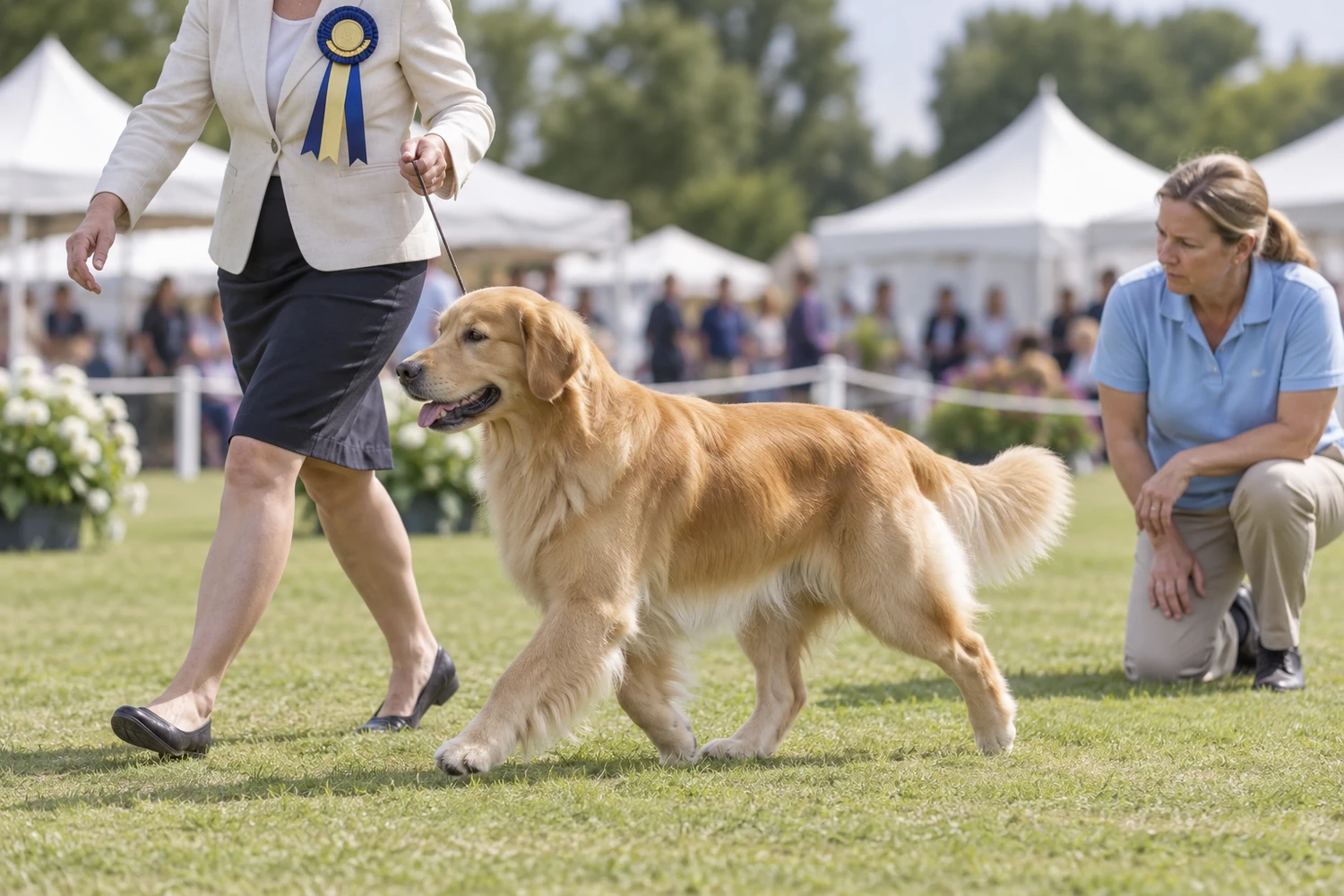 A golden retriever walks across a show ground beside its handler, who wears a rosette.