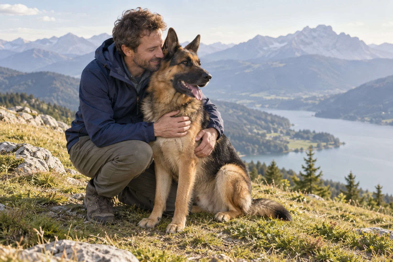 A man and his German shepherd rest together on a mountain slope above a lake.