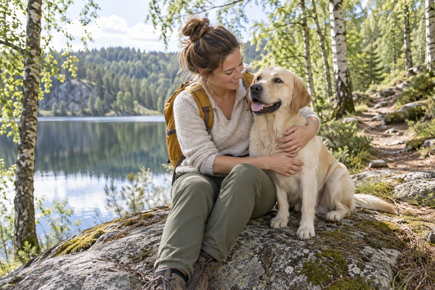 A woman hugs her labrador on a rock by a forest lake.