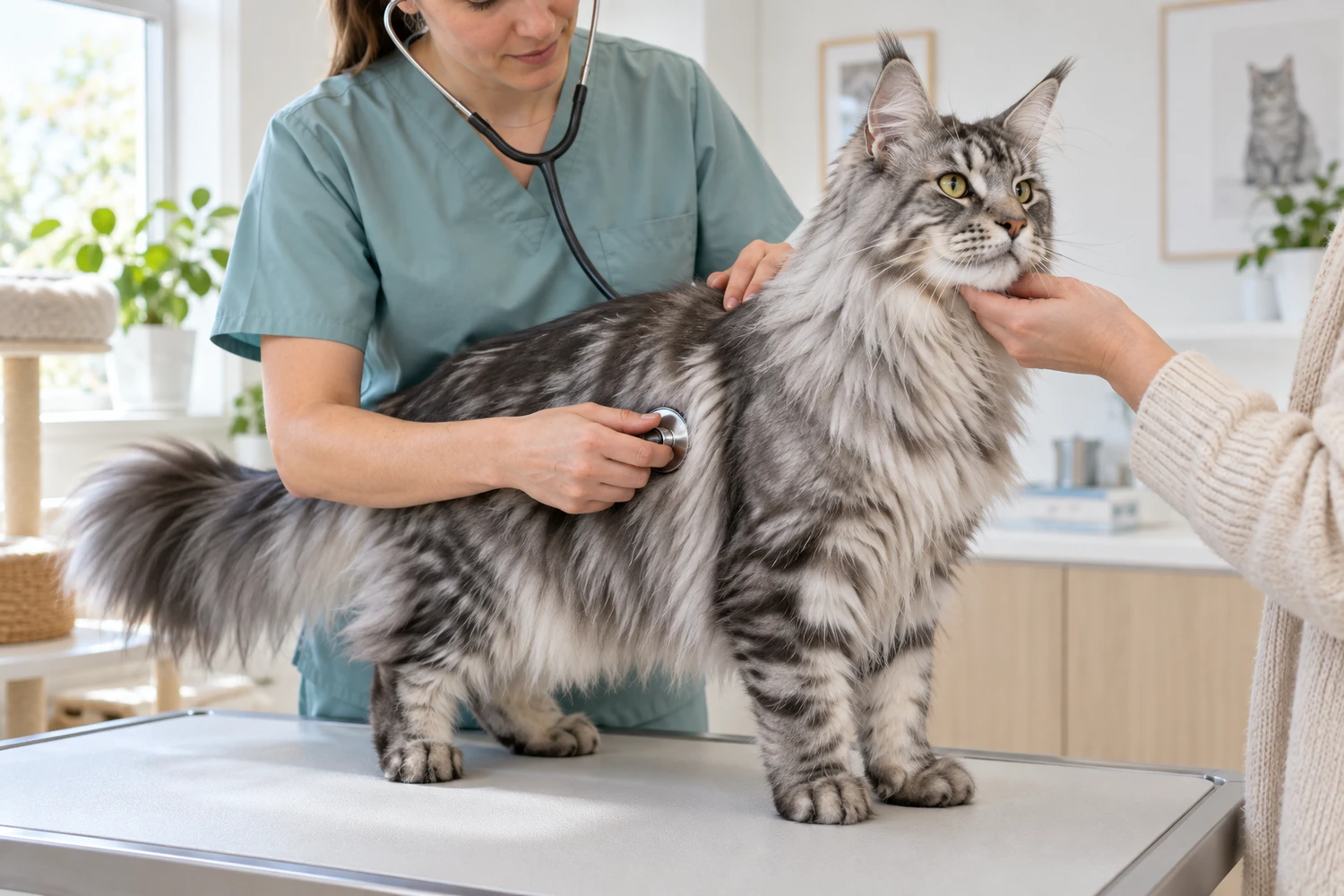 A veterinarian listens to the heart of a long-haired pedigree cat on an examination table.