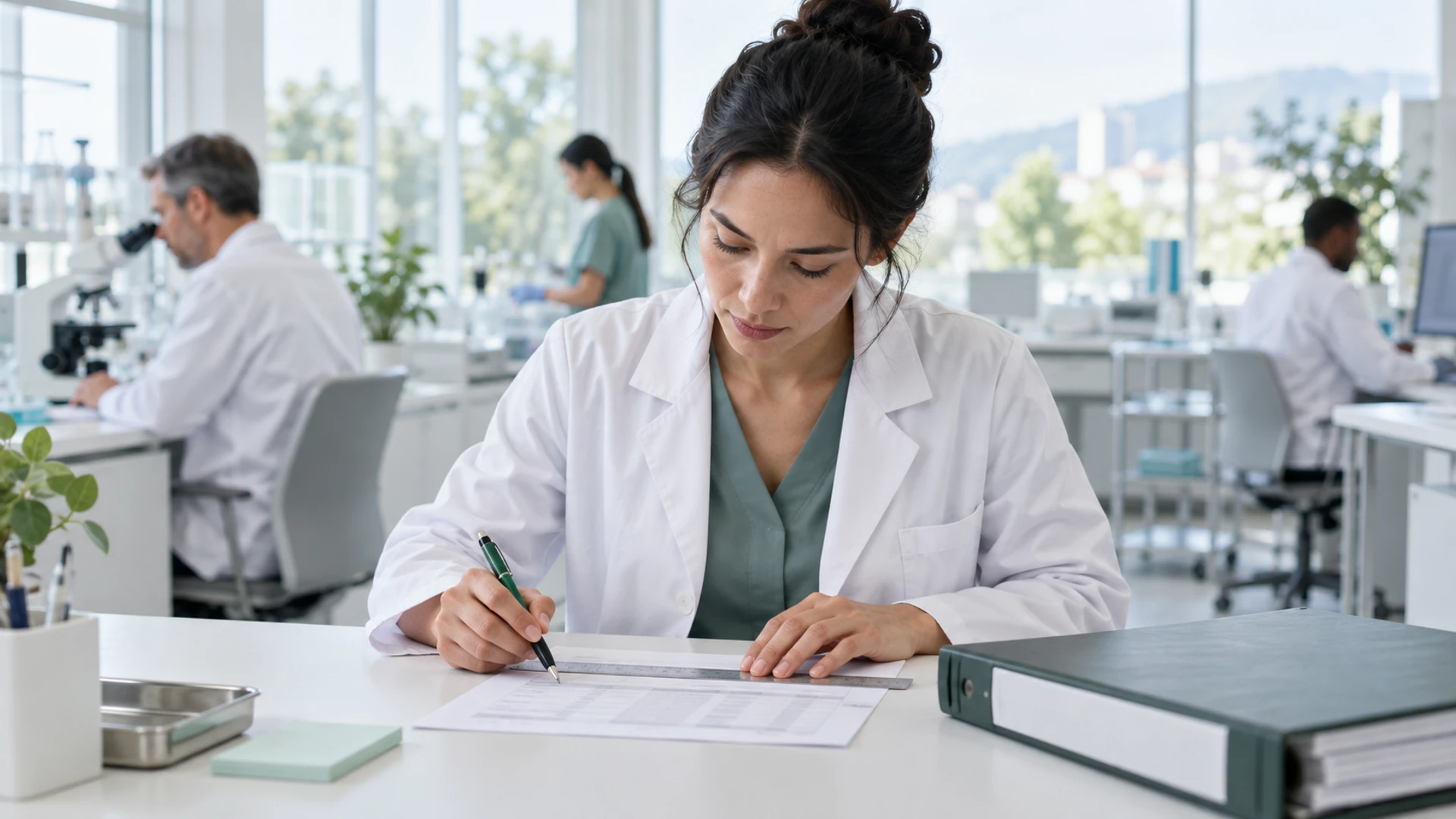 A clinician checks and signs a printed record at a laboratory desk.