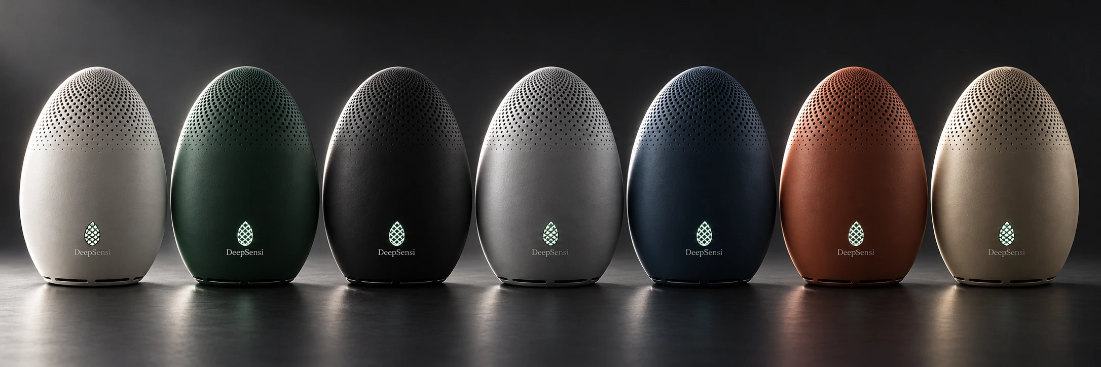 DeepSensi Edge Node fleet in all seven studio finishes: Pearl White, Forest Green, Graphite, Silver, Navy, Terracotta, and Champagne with illuminated mint pinecone emblems in diagonal rim studio lighting.
