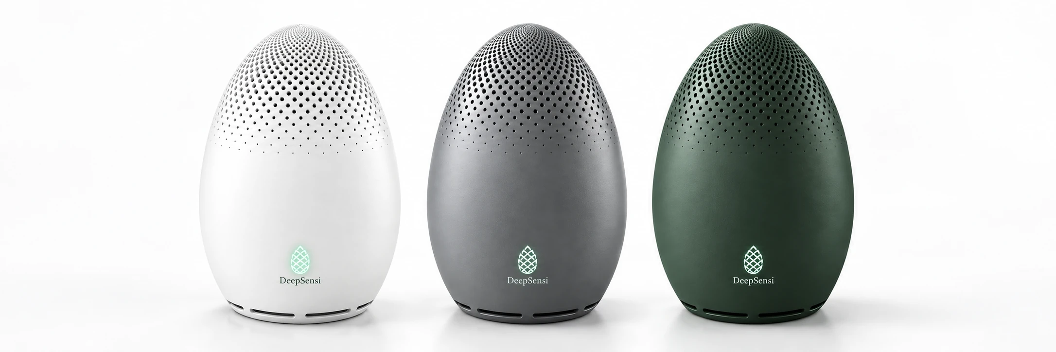 The DeepSensi Edge Node fleet in Pearl White, Satin Gray, and Deep Forest Green on clean ground.