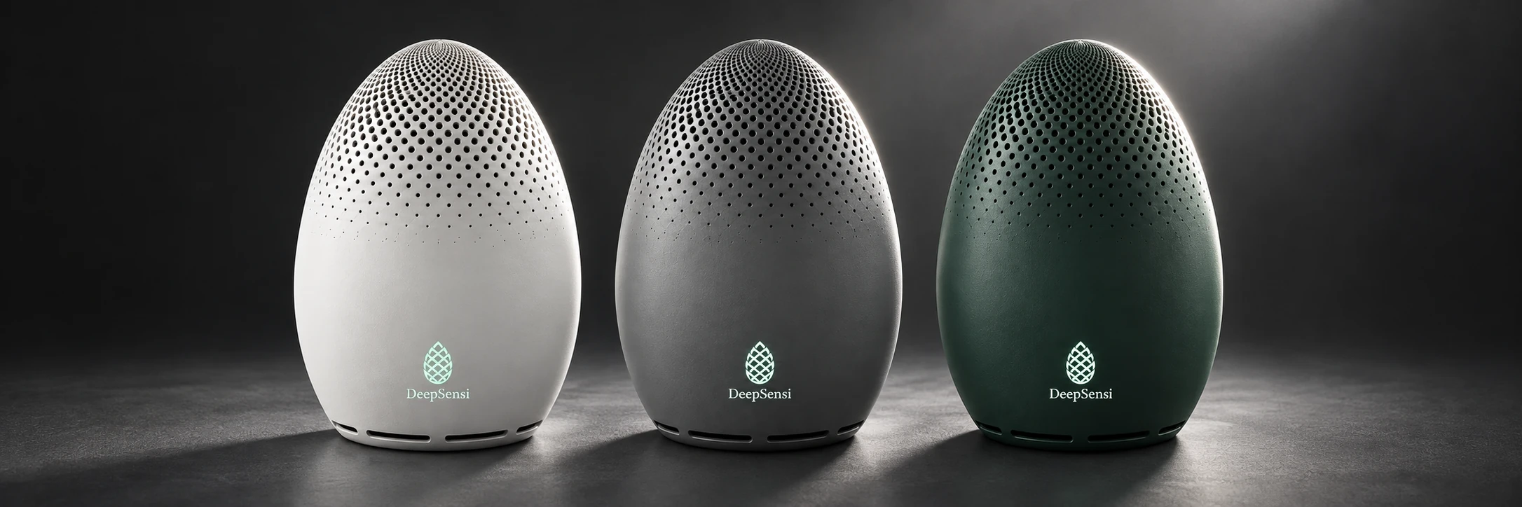 DeepSensi Edge Node trio fleet in dramatic rim lighting: Pearl White, Satin Gray, and Deep Forest Green.